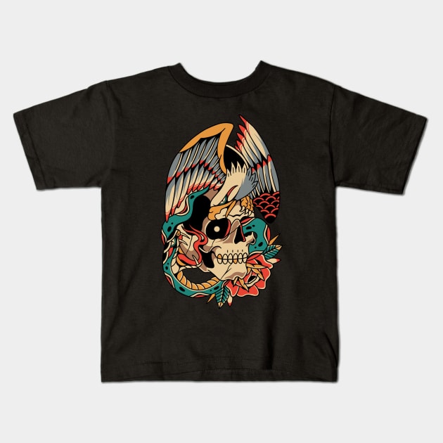 Skull Eagle Snake Vintage Tattoo Kids T-Shirt by Afdhal Project